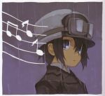  00s 1girl androgynous black_eyes black_hair brimmed_hat fur goggles hat kino kino_no_tabi kuroboshi_kouhaku musical_notes official_art raining scan short_hair solo tagme 