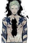  1boy green_hair male_focus one-eyed one_piece roronoa_zoro scar solo tattoo topless 