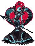  1girl blue_skin dress eyepatch fang female fish_girl full_body long_hair redhead rotodisk solo spear undertale undyne white_background 