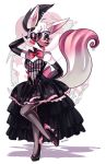 1girl android bow breasts dress elbow_gloves eyepatch five_nights_at_freddy&#039;s fox gloves high_heels lipstick makeup mangle ribbon rotodisk tail thigh-highs 
