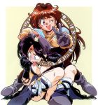  2girls antenna_hair black_hair blue_eyes blush boots breasts cape choking circlet constricted_pupils gloves headband large_breasts lina_inverse long_hair multiple_girls naga_the_serpent one_eye_closed pants red_eyes redhead revealing_clothes shiny shiny_hair shiny_skin slayers smile star tongue tongue_out torn_clothes translation_request wink 
