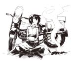  00s 1girl androgynous artist_request campfire ground_vehicle hat hermes kino kino_no_tabi long_coat monochrome motor_vehicle motorcycle short_hair smile smoke solo tagme vehicle 