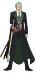  1boy formal full_body green_hair male_focus multiple_swords necktie one-eyed one_piece roronoa_zoro sandai_kitetsu shusui solo suit sword wado_ichimonji weapon 