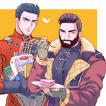  2boys bara black_hair character_request facial_hair fallout food kiricloud looking_at_viewer male_focus multiple_boys muscle quilted_jacket scar tagme 