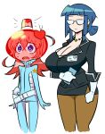  2girls blue_hair breasts brown_hair cleavage glasses helmet looking_at_viewer luluco luluco_(cosplay) matsu-sensei multiple_girls original secretary_(uchuu_patrol_luluco) secretary_(uchuu_patrol_luluco)_(cosplay) spacesuit thigh_gap uchuu_patrol_luluco 