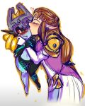  2girls blush brown_hair closed_eyes elbow_gloves embarrassed fang gloves heart helmet imp inuki kiss long_hair midna multiple_girls nintendo orange_hair pointy_ears princess_zelda red_eyes simple_background size_difference the_legend_of_zelda the_legend_of_zelda:_twilight_princess yuri 