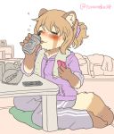  1girl blush brown_hair drinking female full_body furry indoors open_mouth partially_colored raccoon short_hair solo toraneko_(38) 
