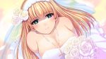  1girl bare_shoulders blonde_hair blue_eyes blush bouquet breasts bridal_veil bride cleavage collarbone cross_necklace elbow_gloves eyebrows eyebrows_visible_through_hair flower game_cg gloves hair_flower hair_ornament highres holding huge_breasts janne_la_pucelle jewelry long_hair looking_at_viewer necklace sagara_riri simple_background smile solo tokeidai_no_jeanne:_jeanne_&agrave;_la_tour_d&#039;horloge upper_body wedding_dress 