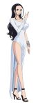  1girl black_eyes black_hair black_shoes bracelet breasts collarbone dress earrings full_body hair_slicked_back hand_up high_heels jewelry large_breasts long_hair long_sleeves looking_at_viewer nico_robin official_art one_piece sandals shoes side_slit simple_background solo standing white_background white_dress 