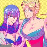  2girls 3mm blonde_hair breasts cleavage folded_ponytail gintama glasses large_breasts long_hair multiple_girls pipe purple_hair sarutobi_ayame scar smile tsukuyo tsukuyo_(gintama) violet_eyes 