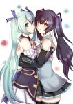  2girls alternate_costume aqua_eyes aqua_hair artist_request black_hair choujigen_game_neptune cosplay costume_switch crossover detached_sleeves female hatsune_miku hatsune_miku_(cosplay) heart highres hug long_hair looking_at_viewer multiple_girls neptune_(series) noire noire_(cosplay) red_eyes skirt thigh-highs tied_hair twintails very_long_hair vocaloid vocaloid_append yuri zettai_ryouiki 