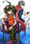  2boys absurdres akaba_reiji belt card chair choker earring glasses goggles goggles_on_head grey_hair highres jewelry multicolored_hair multiple_boys official_art pendant red_eyes sakaki_yuuya scarf sitting violet_eyes yu-gi-oh! yuu-gi-ou_arc-v 