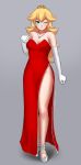  1girl bare_shoulders blonde_hair blue_eyes breasts cleavage crown dress earrings elbow_gloves evening_gown gloves jewelry long_hair necklace nintendo one_eye_closed princess_peach razalor red_dress side_slit solo strapless strapless_dress super_mario_bros. white_gloves wink 