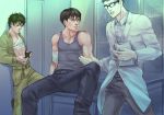  3boys abs age_difference bandage eslicho_(sho_chan) glasses male_focus multiple_boys muscle phone 