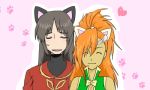  1girl animal_ears bare_shoulders black_hair breasts cleavage closed_eyes dalis_vincent dark_skin earrings heart jacket jewelry long_hair mary_argent open_mouth orange_hair ponytail tales_of_(series) tales_of_destiny 