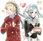  2girls armor blonde_hair blue_hair crimson_(fire_emblem_if) faithoala fire_emblem fire_emblem_if flora_(fire_emblem_if) flower freckles hairband maid multiple_girls short_hair 