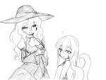  2girls :p ? ascot cameko_(camel) camel_(dansen) camisole crossover dress female gown hat long_sleeves monochrome multiple_girls puffy_short_sleeves puffy_sleeves short_sleeves simple_background sylvie_(dorei_to_no_seikatsu) tentacle tongue tongue_out 