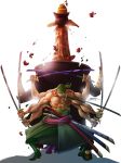  2boys enies_lobby fight giraffe green_hair haramaki hat kaku_(one_piece) male_focus mouth_hold multiple_arms multiple_boys one_piece roronoa_zoro sword triple_wielding weapon 