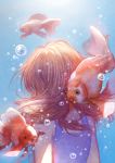  1girl arms_behind_back blue_dress bubbles fish floating from_behind goldfish redhead solo underwater water 