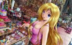  1girl bare_shoulders blonde_hair blue_eyes breasts candy cleavage doll female ilolamai large_breasts long_hair looking_at_viewer open_mouth original shop smile solo standing stuffed_animal toy umbrella 