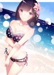  1girl atha_(leejuiping) bare_shoulders bikini black_hair blush breasts cleavage hair_ornament highres long_hair looking_at_viewer ocean original parted_lips solo standing swimsuit violet_eyes 