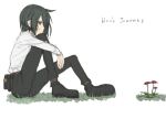  00s 1girl androgynous artist_request black_eyes black_hair female flat_color flower grass kino kino_no_tabi nature outdoors pouch_bag short_hair solo tagme white_background 