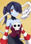  1girl blue_hair blue_skin detached_collar detached_sleeves female hair_over_one_eye leviathan_(skullgirls) monster_girl parasite red_eyes skullgirls smile squigly_(skullgirls) stitched_mouth stitches zombie 