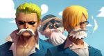  3boys beard blonde_hair cigarette disguise dressrosa earrings eating facial_hair fake_mustache glasses green_hair hair_over_one_eye hat hawaiian_shirt monkey_d_luffy multiple_boys mustache one-eyed one_piece roronoa_zoro sanji smoking straw_hat suit sunglasses trio 