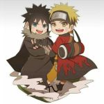  2boys black_hair blonde_hair cape chibi cloak crossed_arms fingerless_gloves forehead_protector fur_trim male menma_(naruto) multiple_boys naruto naruto:_road_to_ninja open_mouth red_eyeshadow scroll toeless_footwear uzumaki_naruto v whisker_markings yellow_eyes 