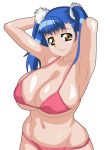  00s 1girl armpits arms_behind_head arms_up bikini blue_hair breasts brown_eyes chuiru cleavage curvy gravion huge_breasts long_hair looking_at_viewer navel smile solo swimsuit twintails wide_hips 