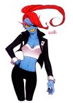  blue_skin breasts fish_girl head_fins jacket long_hair monster_girl ponytail redhead sharp_teeth teeth undertale undyne 