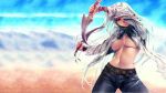  1girl belt breasts dagger denim dual_wielding jeans knife large_breasts long_hair looking_at_viewer navel no_bra open_clothes open_shirt original pants parted_lips red_eyes rezi shirt silver_hair solo standing tan under_boob weapon white_hair 