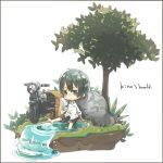  00s 1girl androgynous artist_request barefoot chibi grass ground_vehicle hermes kino kino_no_tabi long_coat motor_vehicle motorcycle short_hair simple_background solo tagme tree vehicle water white_background 