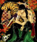  1boy bandanna male_focus one_piece roronoa_zoro scabbard sheath sitting solo sword tiger topless 