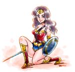  1girl armor belt blue_eyes brown_hair dc_comics forehead_protector full_body pteruges shield solo strapless wonder_woman wonder_woman_(series) 