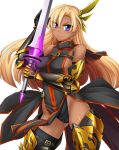  1girl armor blonde_hair blue_eyes breasts dark_skin female large_breasts long_hair looking_at_viewer lynette_silky sasayuki smile solo sword taimanin_asagi taimanin_asagi_battle_arena tan weapon 