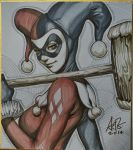  1girl batman_(series) blue_eyes bodysuit dc_comics domino_mask gloves harley_quinn hat jester_cap mallet marker_(medium) solo stanley_lau traditional_art traditional_media 