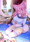  1girl breasts dog female food forest furry kiichi_(ca0sf) long_hair nature open_mouth outdoors pink_hair red_eyes sitting skirt solo 