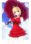  1girl ahoge blonde_hair blue_eyes blush dress fate/extra fate/grand_order fate_(series) highres ribbon saber_extra short_hair sky smile solo umbrella unscpro 