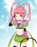  blue_eyes bow_(weapon) chelsea_torn elbow_gloves feathers flat_chest gloves hair_ornament long_hair midriff navel one_eye_closed open_mouth pink_hair tales_of_(series) tales_of_destiny thigh-highs twintails weapon 