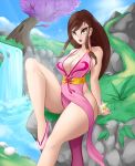  1girl alternate_color alternate_costume alternate_hairstyle bare_shoulders breasts brown_eyes brown_hair capcom china_dress chun-li cleavage curvy dress large_breasts long_hair looking_at_viewer pink_dress player_2 sitting solgryn solo street_fighter street_fighter_v thick_thighs wide_hips 