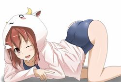  1girl ;d all_fours animal_hood ass brown_eyes brown_hair gyuuki_(yuyuyu) hood hoodie kani_sen one_eye_closed open_clothes open_hoodie open_mouth short_hair smile solo swimsuit top-down_bottom-up yuuki_yuuna yuuki_yuuna_wa_yuusha_de_aru yuusha_de_aru 