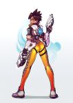  1girl ass black_hair bomber_jacket dual_wielding goggles gun handgun highres jacket legs looking_at_viewer overwatch pistol short_hair solo thighs tracer_(overwatch) typo_(requiemdusk) weapon 