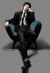  1boy ansatsu_kyoushitsu black_hair changye full_body karasuma_tadaomi looking_at_viewer male_focus necktie sitting solo suit tagme 