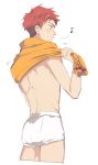  1boy ass blush boxer_briefs facing_away from_behind high_speed! male_focus musical_note ookiidesunone redhead shiina_asahi simple_background solo sweat tagme towel towel_around_neck underwear white_background 