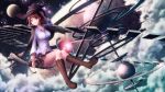  1girl boots breasts brown_hair cape clouds female hat moon night original shirt short_hair skirt sky solo stars tanikawa witch witch_hat 