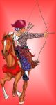  1boy arrow bow child hat horse japanese_clothes male_focus riding simple_background solo takenokoya weapon 