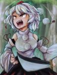  animal_ears bare_shoulders d:&lt; detached_sleeves fangs inubashiri_momiji paguningen pom_pom_(clothes) red_eyes short_hair sword tail touhou weapon white_hair wolf_tail 