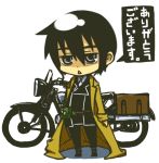  00s 1girl androgynous artist_request black_eyes black_hair chibi ground_vehicle hermes kino kino_no_tabi long_coat luggage motor_vehicle motorcycle short_hair solo text translation_request vehicle 