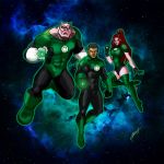  1girl 2boys alien black_hair bodysuit dark_skin dc_comics flying gloves glowing glowing_eyes green_eyes green_lantern green_lantern_(series) jewelry john_stewart kilowog laira_omoto leotard multiple_boys orange_hair ponytail ring short_hair space thigh-highs 